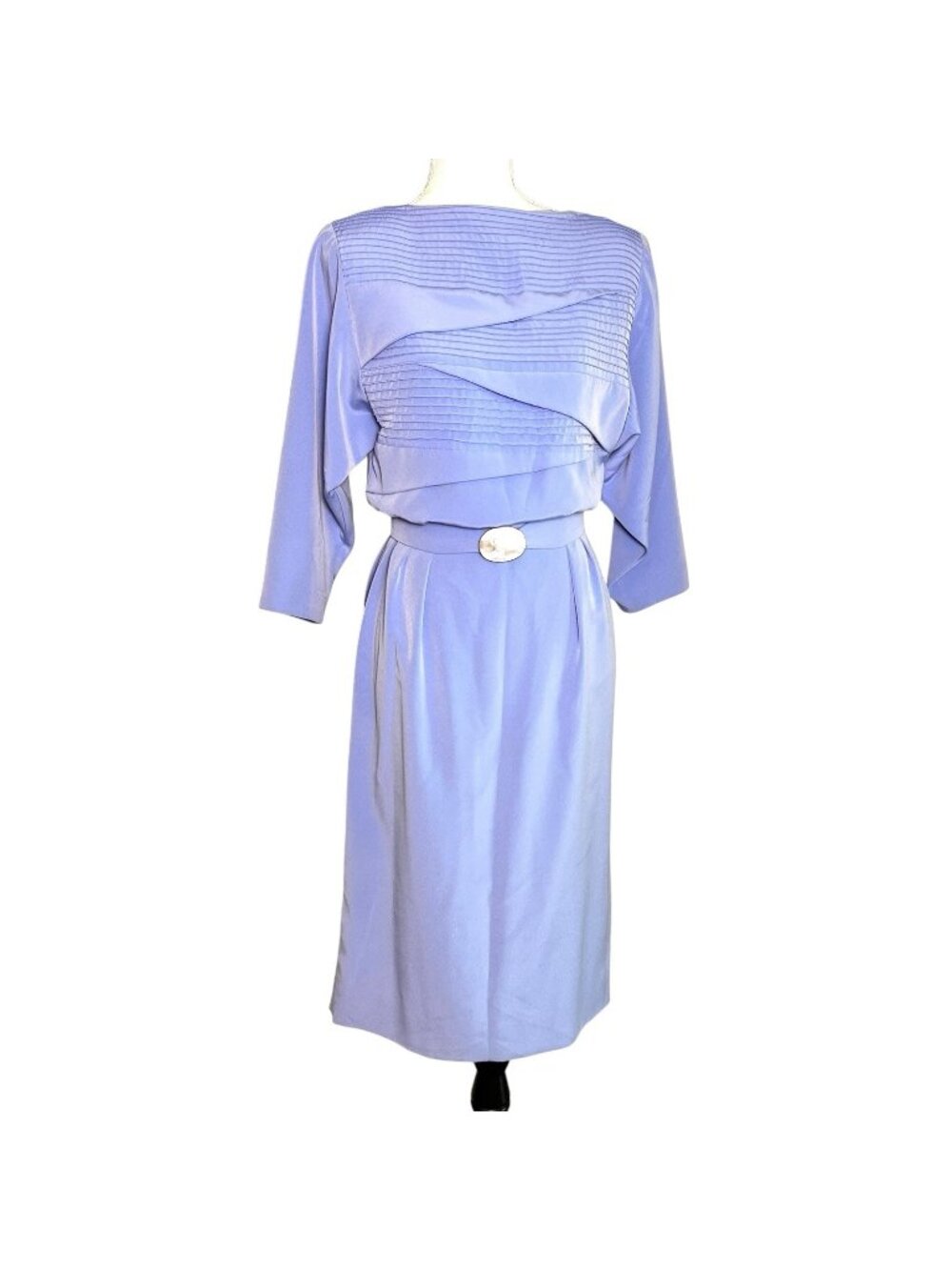 80s Handmade Light Blue Satin Midi Dress Belted Dolman Sleeve MOB Formal Small
